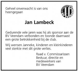 Scan overlijdensadvertentie Jan Lambeck uit het DvhN van 11 juni 2009